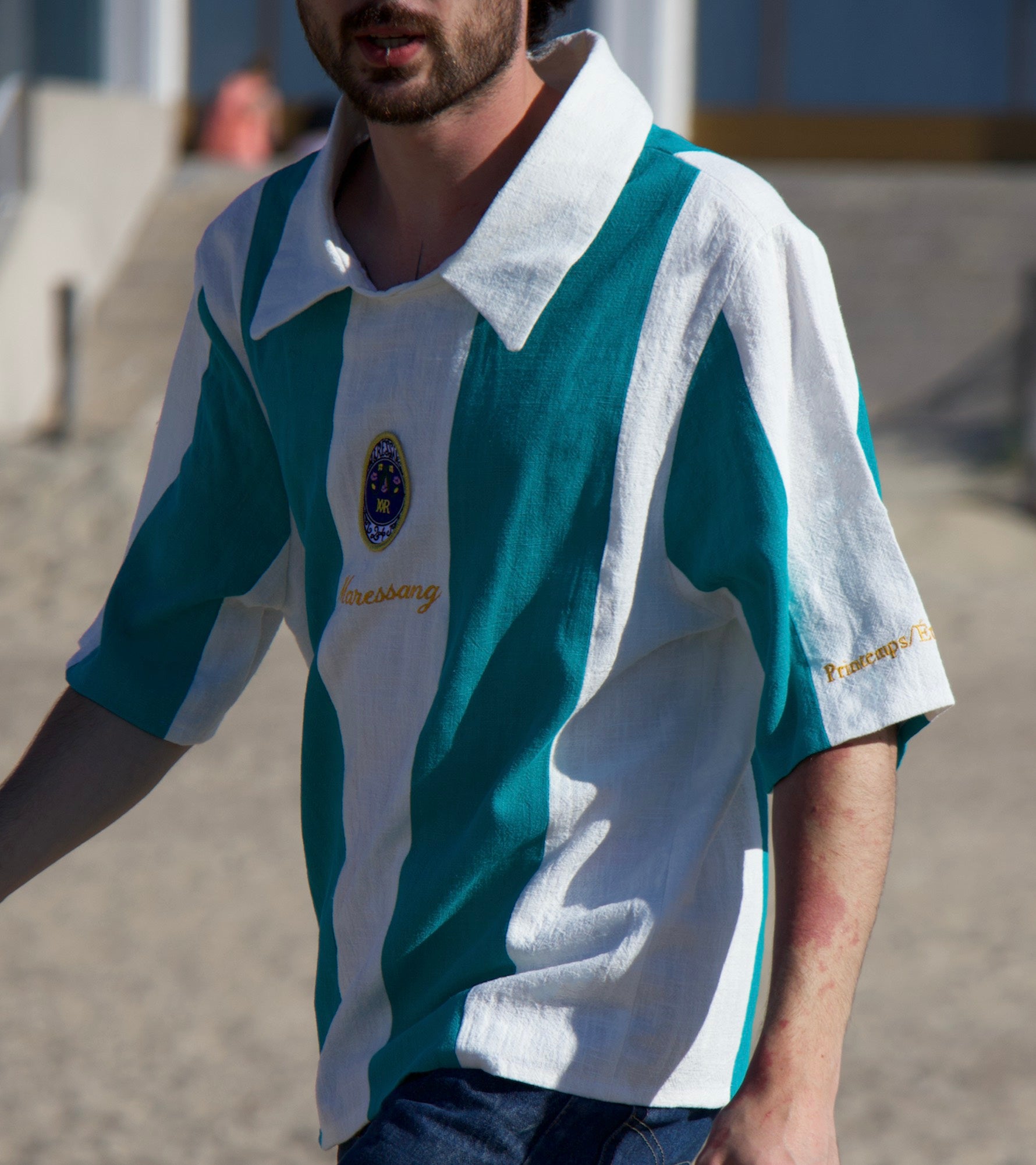 Maillot en lin rayé Écru Turquoise