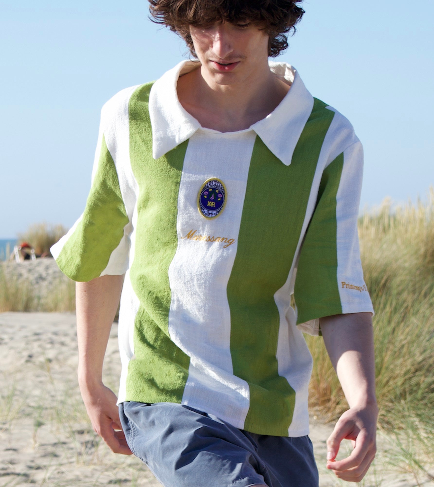 Maillot en lin rayé Écru Vert Pomme